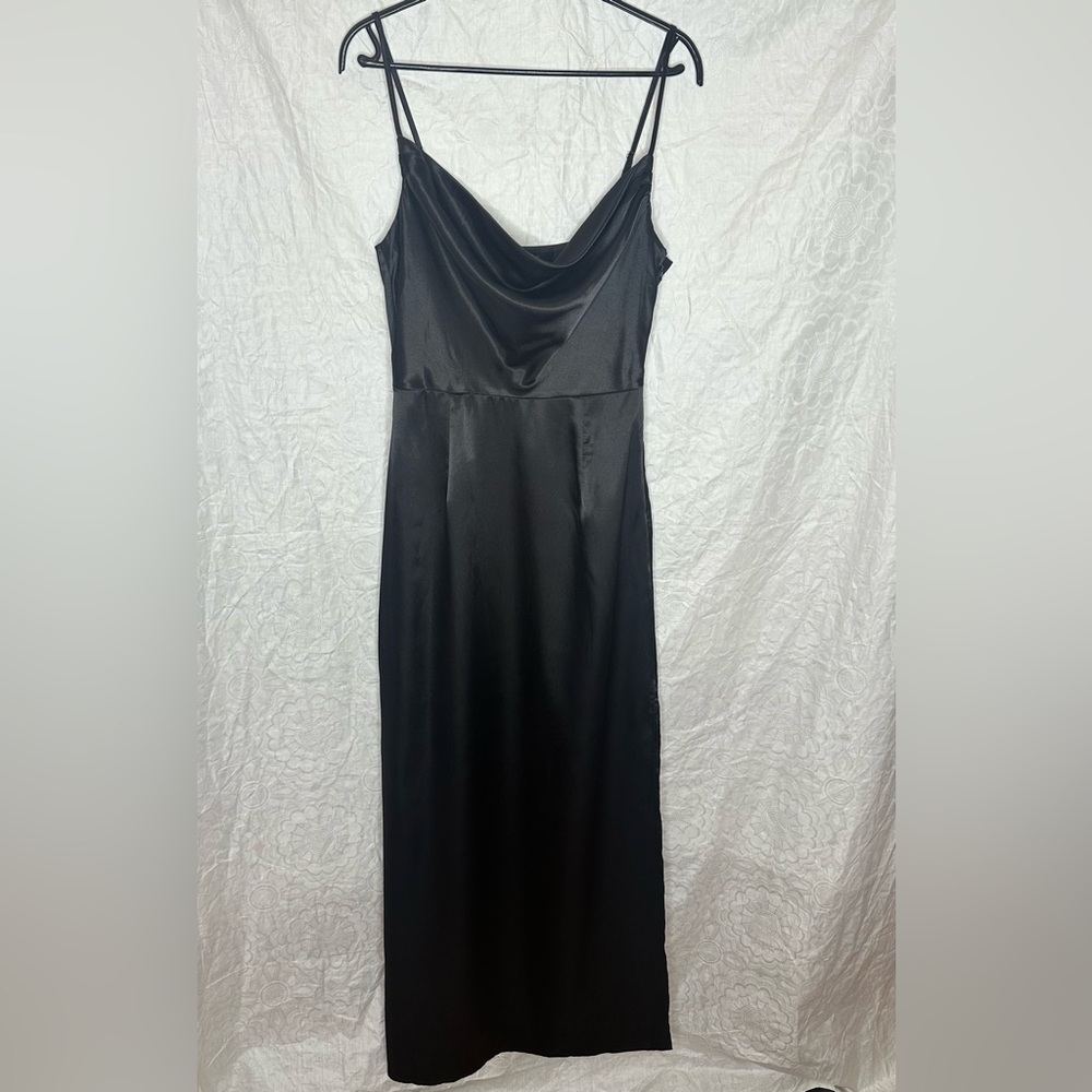 Black, satin, cowl neck, maxi free with leg slit!